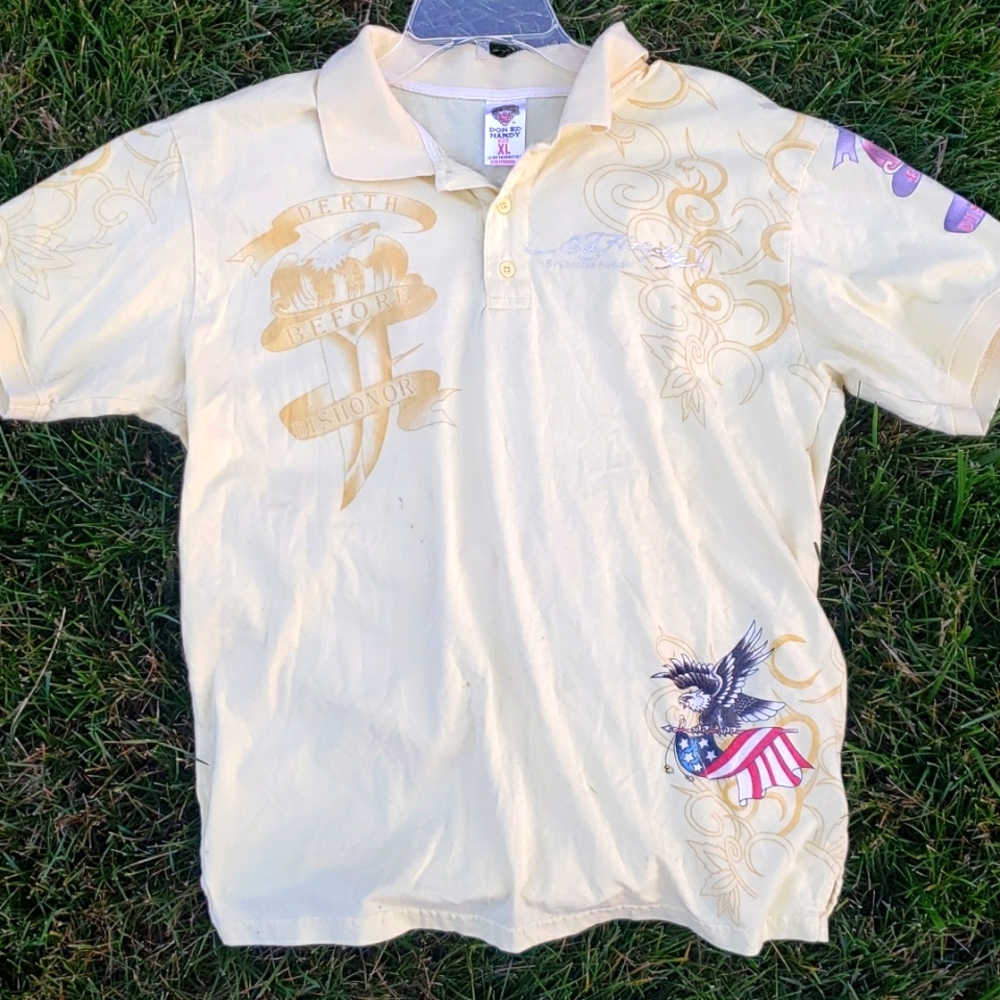 RARE Vintage Ed Hardy Derth Before Dishonor Front& Back Graphic Polo